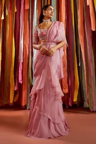 Buy Asaga Pink Chiffon Ruffle Pre-draped Saree With Blouse Online | Aza  Fashions