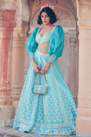 Show Shaa Puff Sleeve Blouse & Floral Print Lehenga Set 