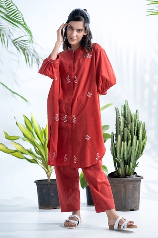 Pants and Pajamas Claret Cotton Chikankari Shirt Tunic & Pant Set