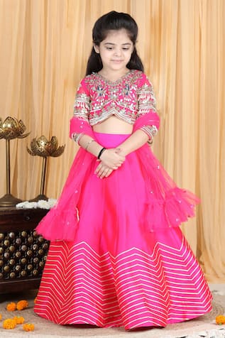 The Little Celebs Silk Embroidered Blouse Lehenga Set 