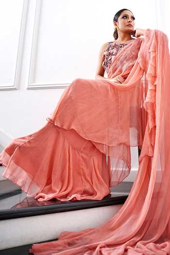 Amrta By Guneet Kondal Ruffle Pre-Draped Saree With Embroidered Blouse 