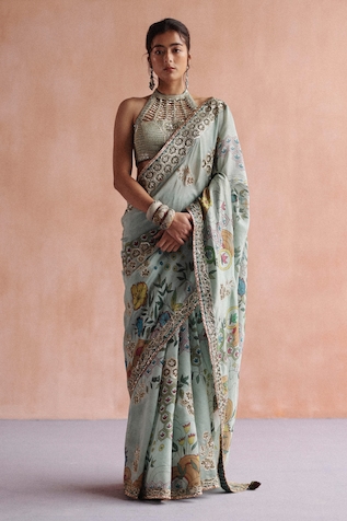 Archana Jaju Mosaic & Floral Hand Painted Saree With Blouse