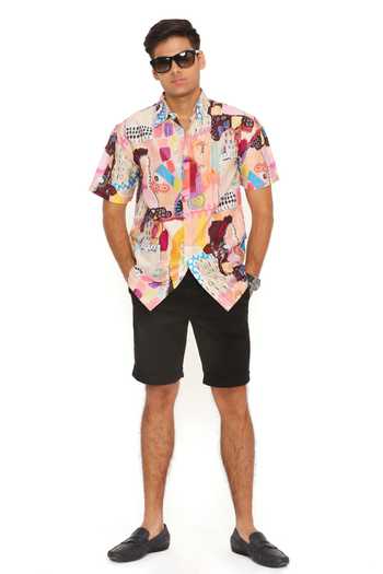 PS Men By Payal Singhal Peach Trance Print Silk Mulmul Shirt 