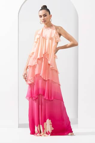 Mandira Wirk Ombre Halter Neck Tiered Gown 