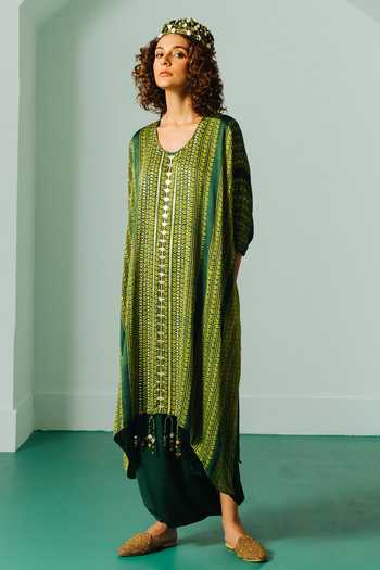 Prahnaaya Ajrakh Hand Block Print Kaftan Tunic & Dhoti Skirt Set 