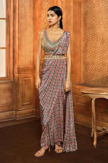 Aneesh Agarwaal Printed Pre-Draped Saree With Blouse 