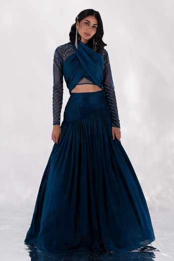 PIRI INDIA Midnight Green Draped Lehenga & Blouse Set 