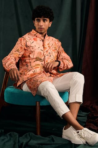 Floral Printed Salmon Bundi & Kurta Set 