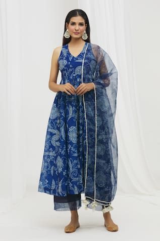 Yuvraani Jaipur Chanderi Printed Halter Neck Anarkali Set 