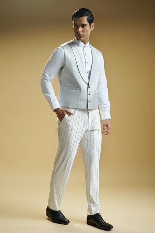 Kommal Sood Shawl Lapel Collared Waistcoat Stripe Pattern Trouser Set 