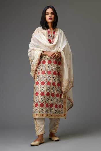 Kora Silk Chanderi Stripe Hand Block Print Kurta Set 