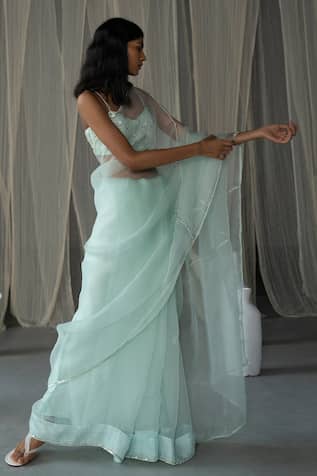 Zoon Silk Organza Sheer Saree With Pearl Embellished Blouse 