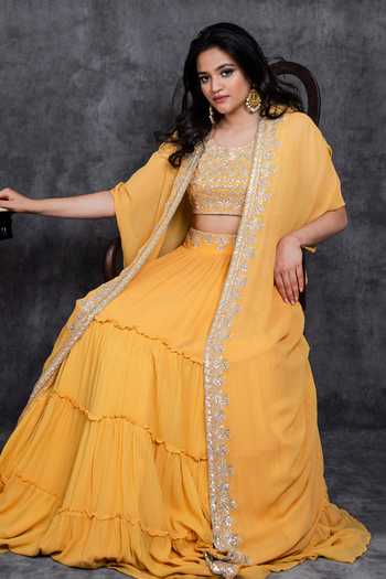 Sunita Bhandari Placket Embroidered Cape Tiered Lehenga Set 