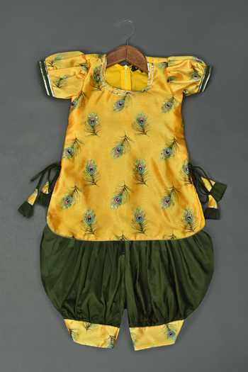 Maaikid Printed Kurta & Bottle Green Afghani Pant Set 