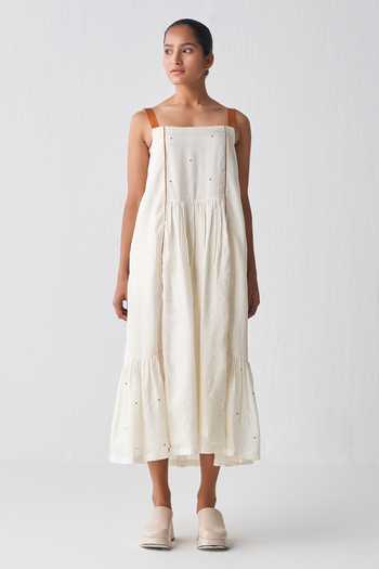 Three Ivory Polka Print Gathered Hem Dress 
