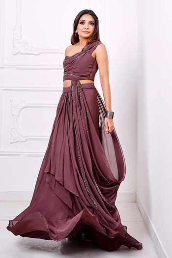 Amrta By Guneet Kondal Brown Hand Embroidered Cocktail Saree Gown 