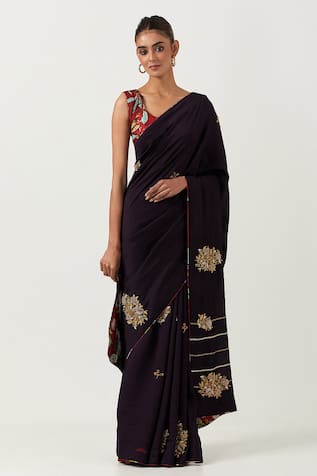 Label Earthen Syahi Zardozi Embroidered Anar Saree With Blouse 