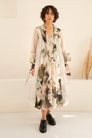 Organza Panel Jacket With Floral Print Dress 