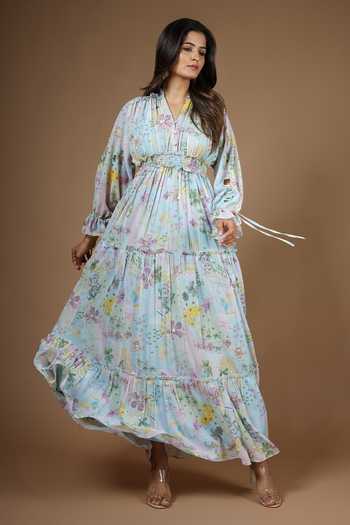 Vana Ethnics Vintage Botanical Print Gathered Dress 