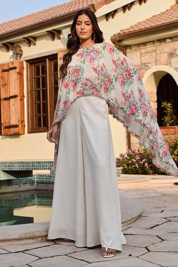 Palak & Mehak Sophia Vintage Floral Print Cape & Flared Pant Set 
