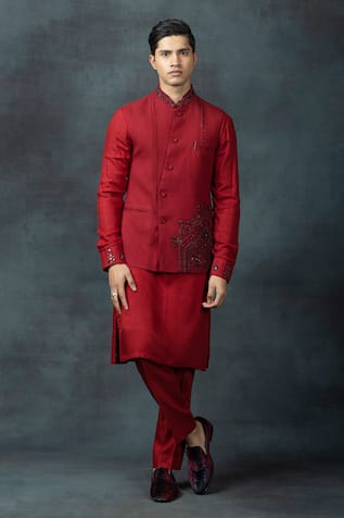 Sarab Khanijou Floral Placement Work Waist Coat & Kurta Set 