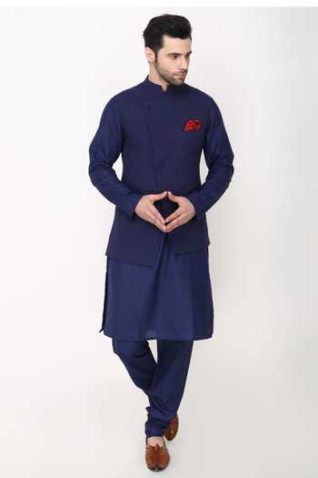 Manish Nagdeo Navy Blue Dotted Angrakha Bundi Jacket Set 