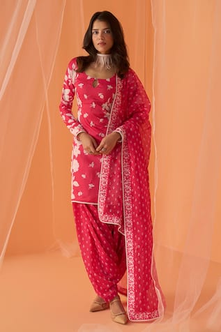 LASHKARAA Chanderi Floral Print Straight Kurta Set 