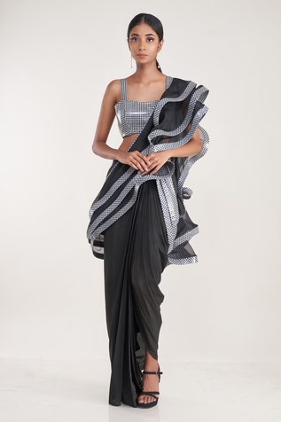 Pooja Bagaria Pre-Draped Ruffle Saree With Printed Blouse