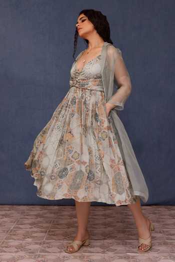 Chokhi Chorri Arzu Moroccan Tile Print Dress With Organza Jacket 