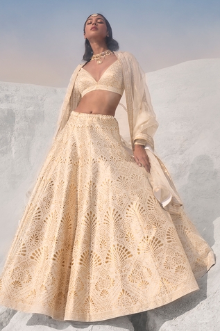 Seema Gujral Cut-Work Raw Silk Lehenga Set