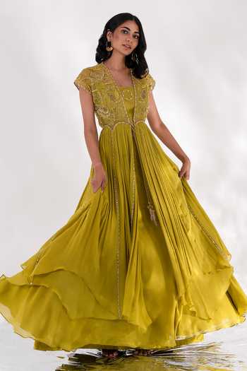 PIRI INDIA Aliana Godet Applique Yoke Anarkali Jacket Skirt Set 