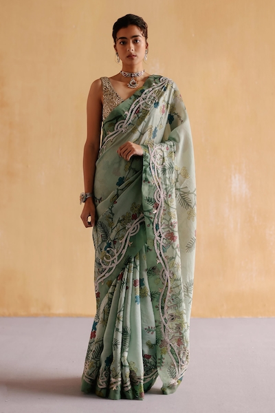 Archana Jaju Floral Hand Painted Saree With Bralette