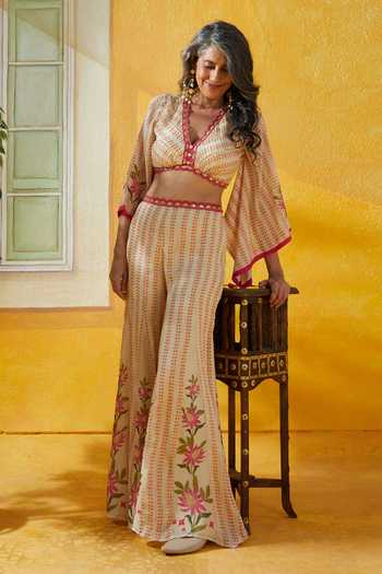 Basil Leaf Printed Top & Bell Bottom Pant Set 