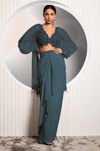 Jade By Ashima Floral Embroidered Blouse & Draped Skirt Set 