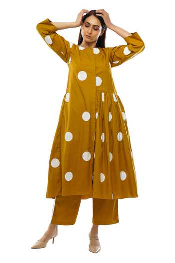 Khat Mustard Polka Dot Dress & Pant Set 
