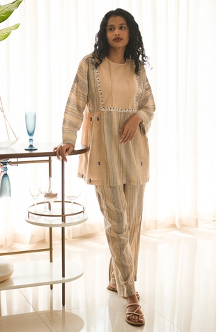 Banera Striped Hand Print Top & Pant Set