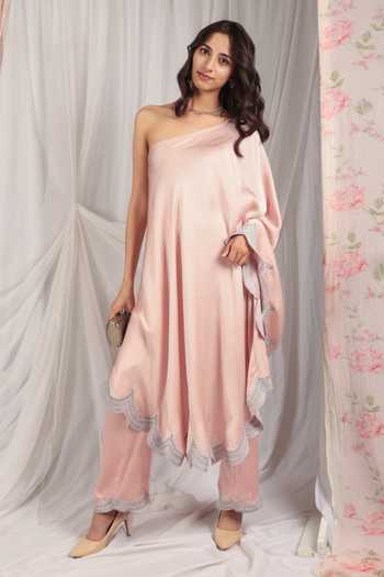 HOUSE OF TA-YA Border Embroidered One-Shoulder Kurta & Pant Set 