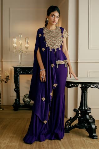 Nehha Nhata Asymmetric Embroidered Peplum Cape With Gharara 
