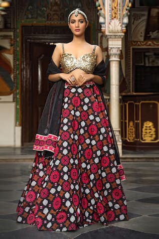 Navy Blue Pre-Draped Saree & Embroidered Blouse For Kids