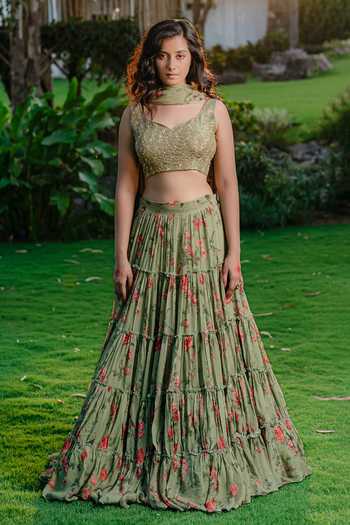 Redpine Designs Vintage Floral Print Tiered Lehenga Set 