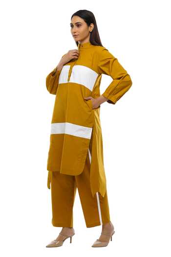 Khat Panelled Mustard Yellow Dress & Pant Set 