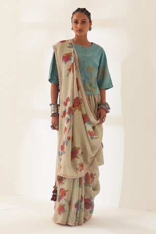 Kasturi Kundal Kali Pure Linen Handloom Saree With Unstitched Blouse