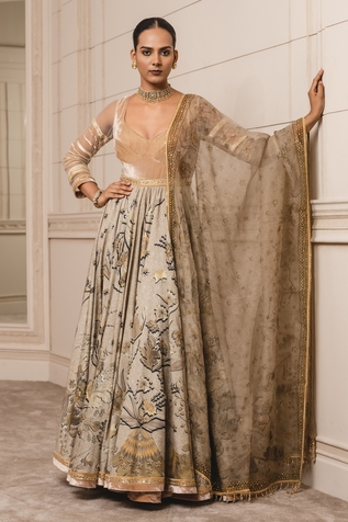 Tarun Tahiliani Floral Print Anarkali With Embroidered Dupatta
