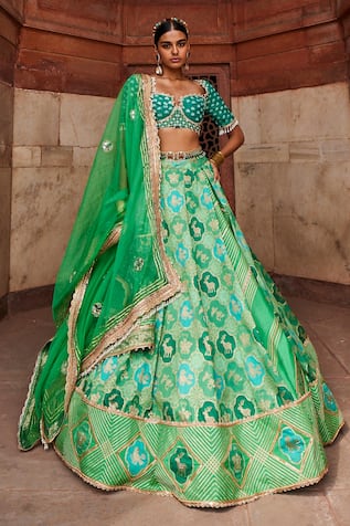 Aditi Gupta Banarasi Chanderi Butterflies & Reindeer Pattern Bridal Lehenga Set 