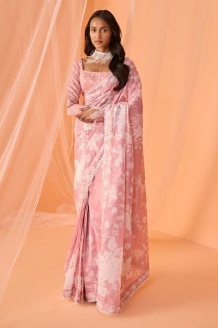 LASHKARAA Floral Print Pre-Draped Saree With Blouse 