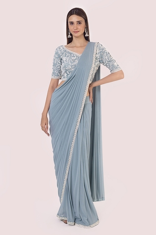 Onaya Pleated Pre-Draped Saree With Floral Lace Blouse