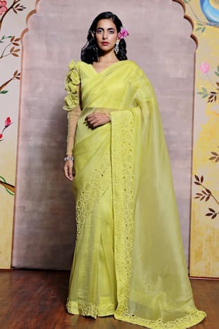 Shilpi Gupta Organza Border Embroidered Saree With Floral Detail Blouse 
