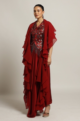 Sejal Kamdar Floral Embroidered Jacket Dhoti Skirt Set