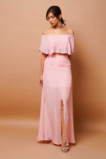 Ahi Clothing Off Shoulder Embroidered Top & Draped Skirt Set 