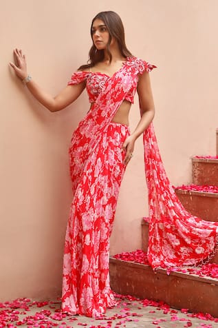 Dheeru Taneja Ahita Printed Pre-Draped Saree With Off Shoulder Blouse 